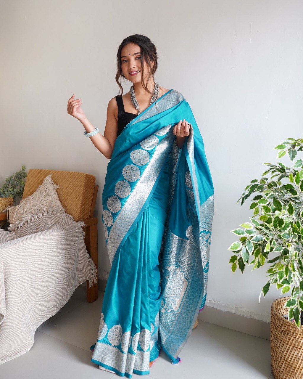 Teal Banarasi Silk Saree with Silver Jacquard