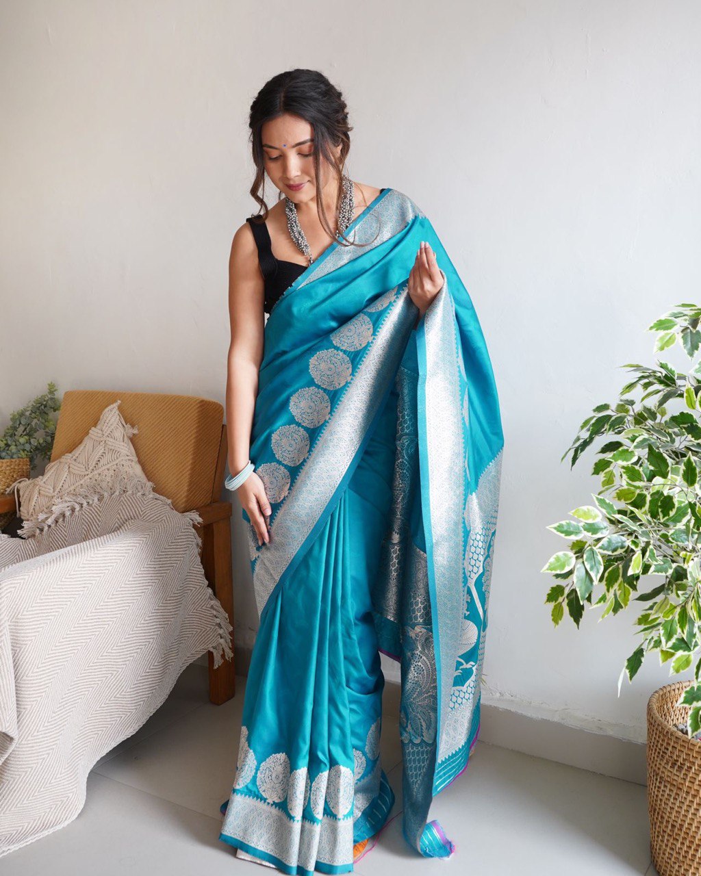 Teal Banarasi Silk Saree with Silver Jacquard