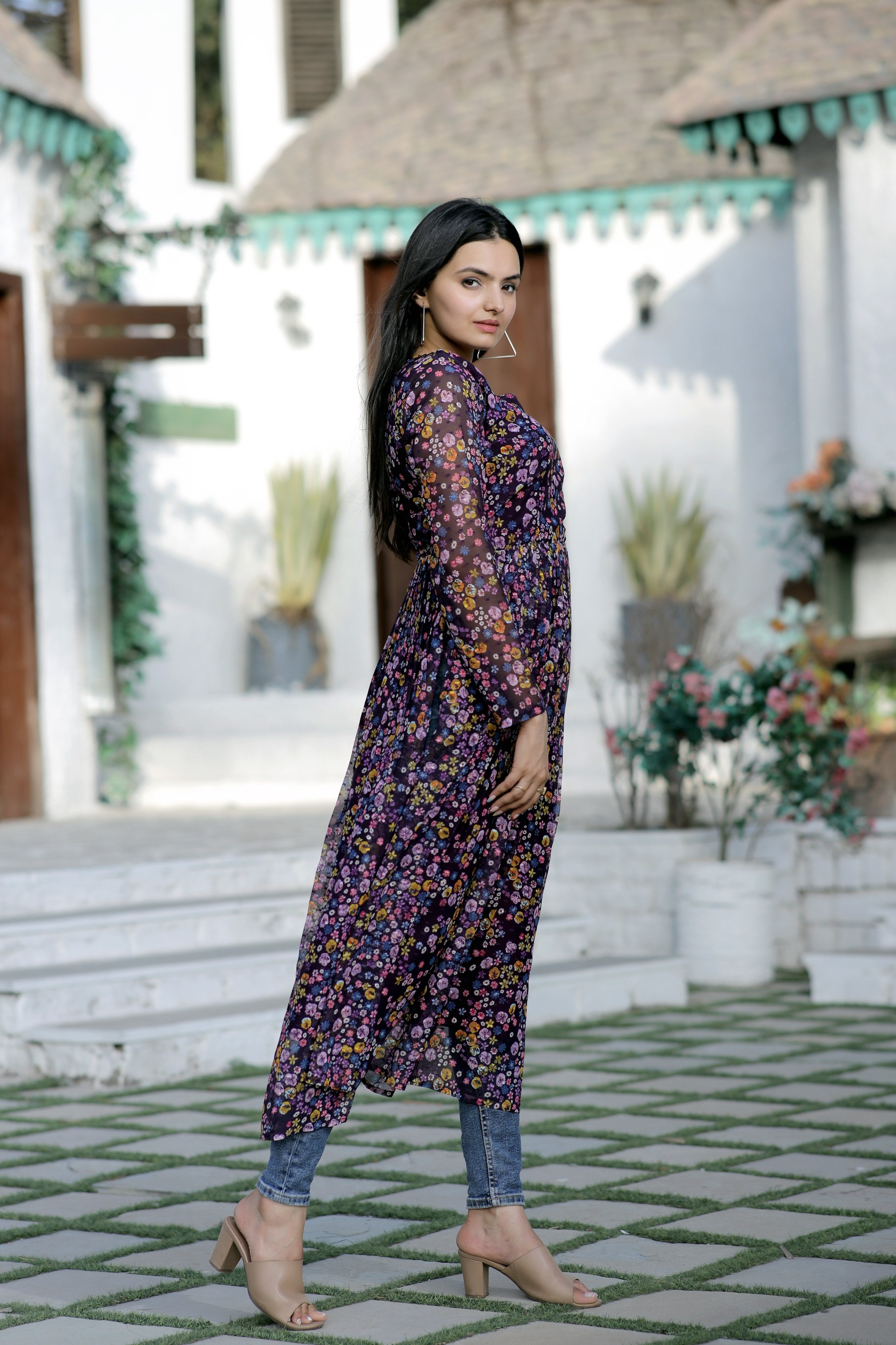 Designer Nayra Cut with Ditsy Floral Digital Print Kurti Collection