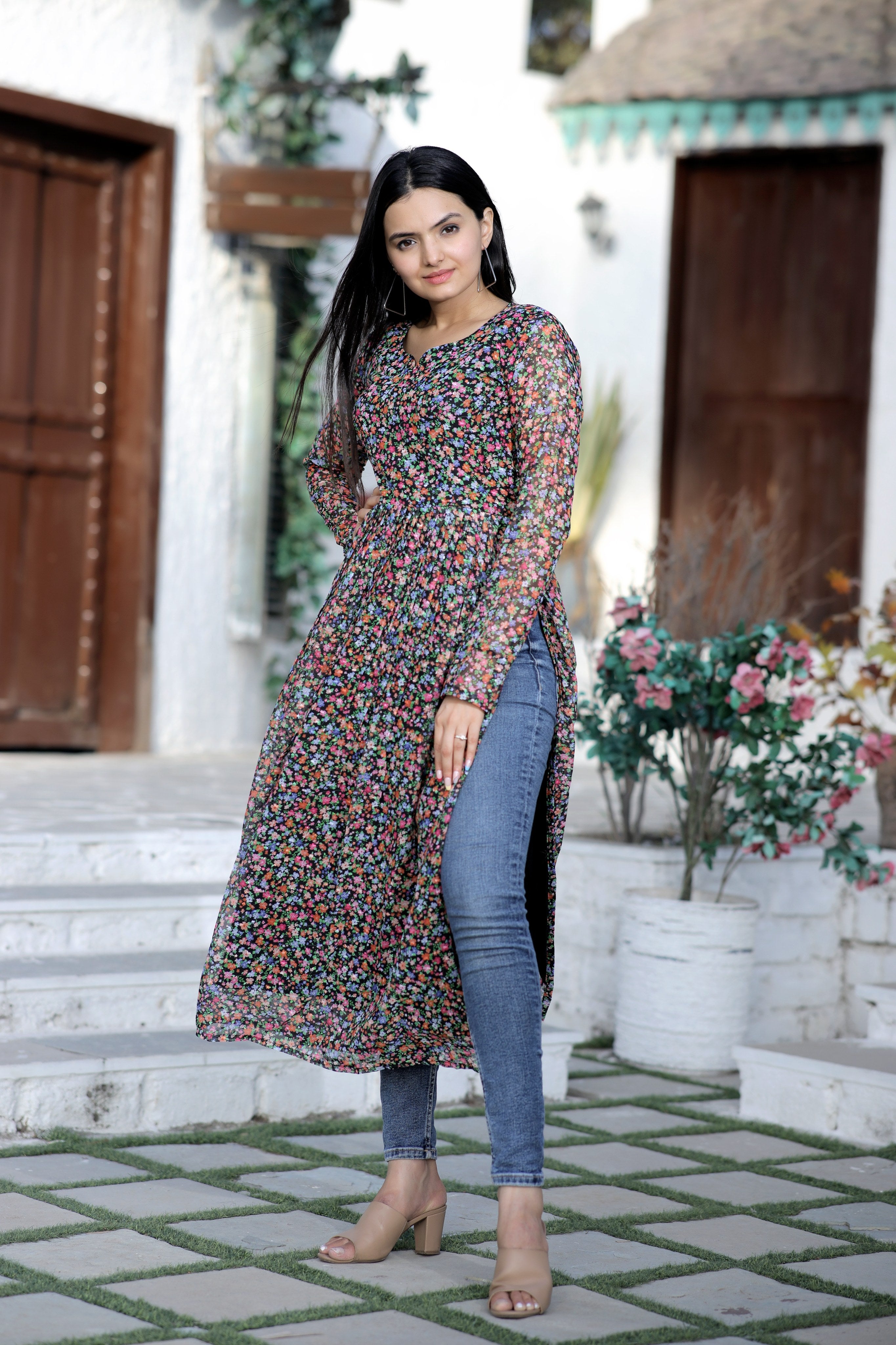 Designer Nayra Cut with Ditsy Floral Digital Print Kurti Collection