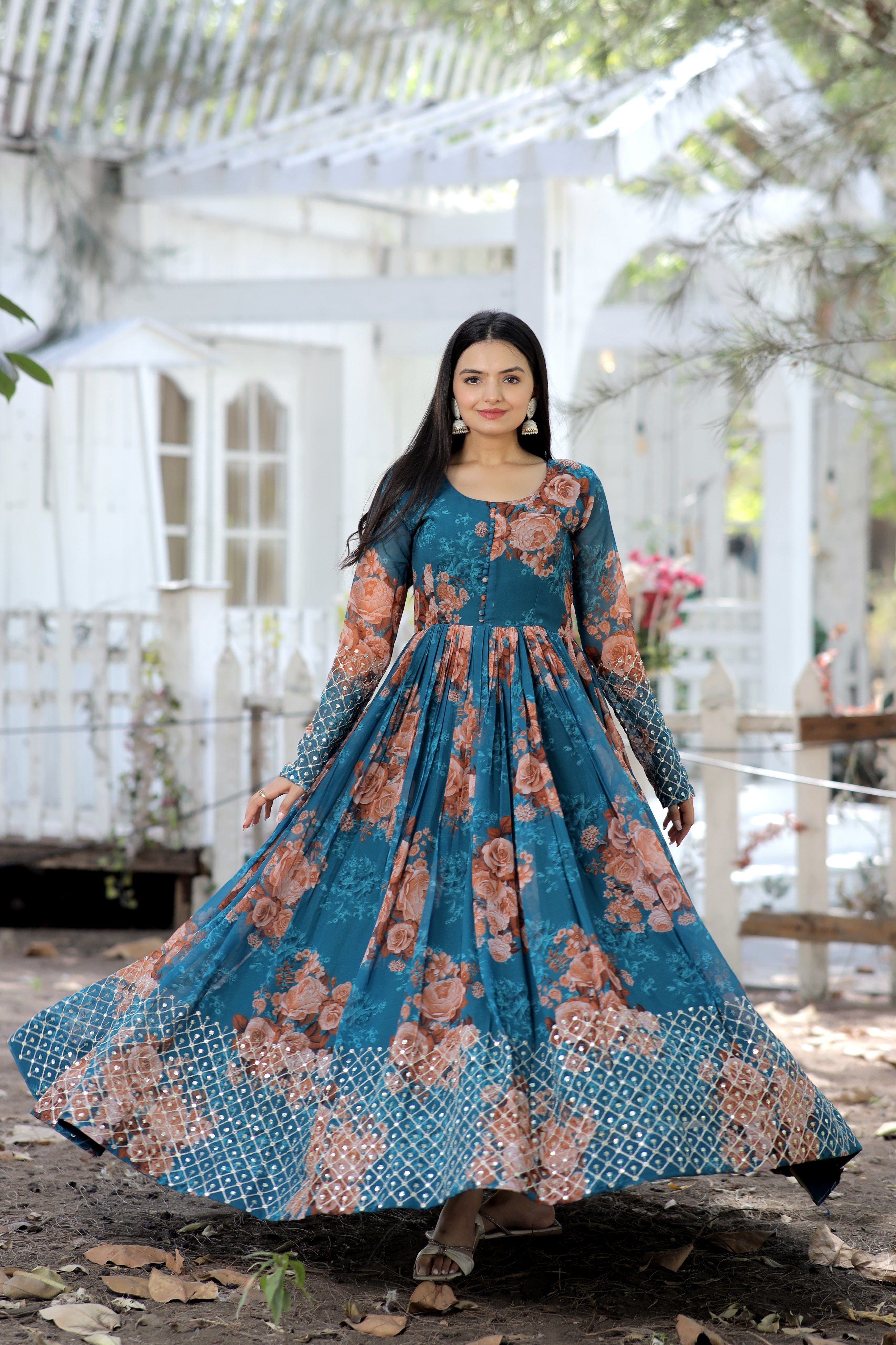 Digital Printed Faux Georgette with Embroidery Zari Sequins-work Gown