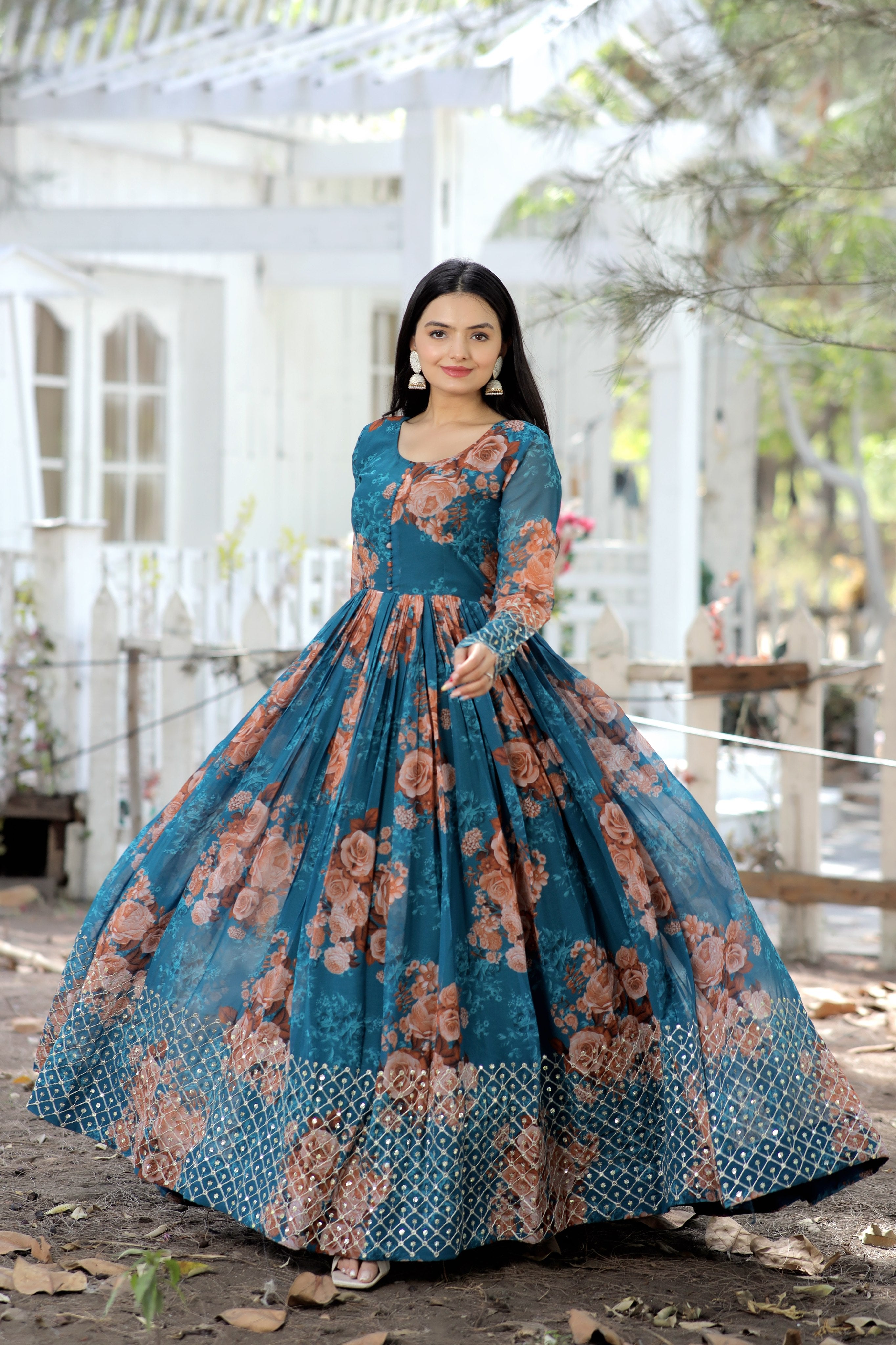 Digital Printed Faux Georgette with Embroidery Zari Sequins-work Gown