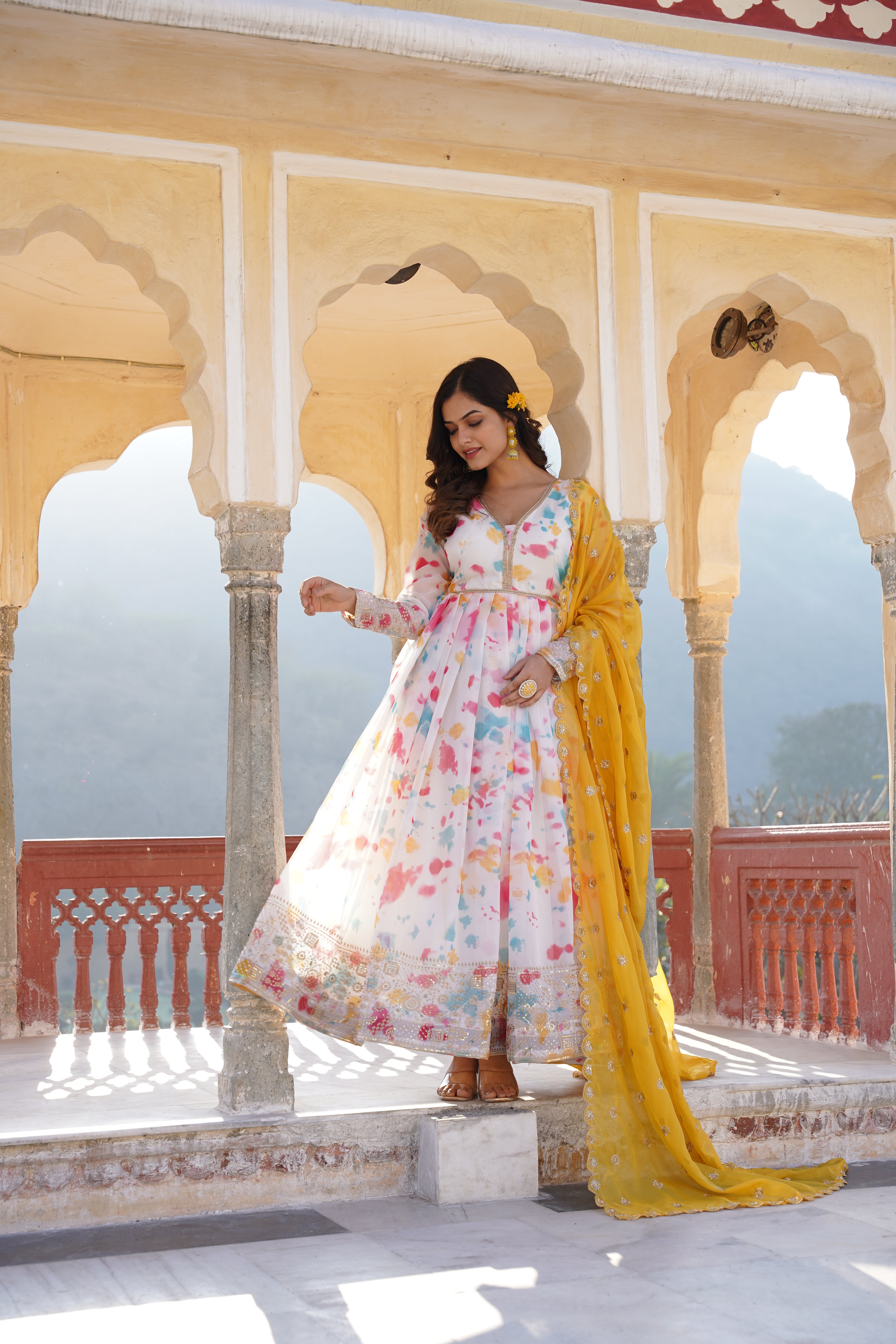 Digital printed silk With Embroidery Zari Sequins-work Gown with Dupatta