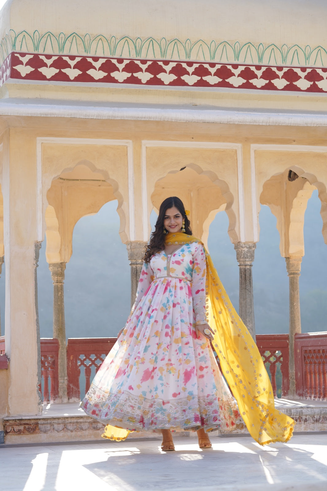 Digital printed silk With Embroidery Zari Sequins-work Gown with Dupatta