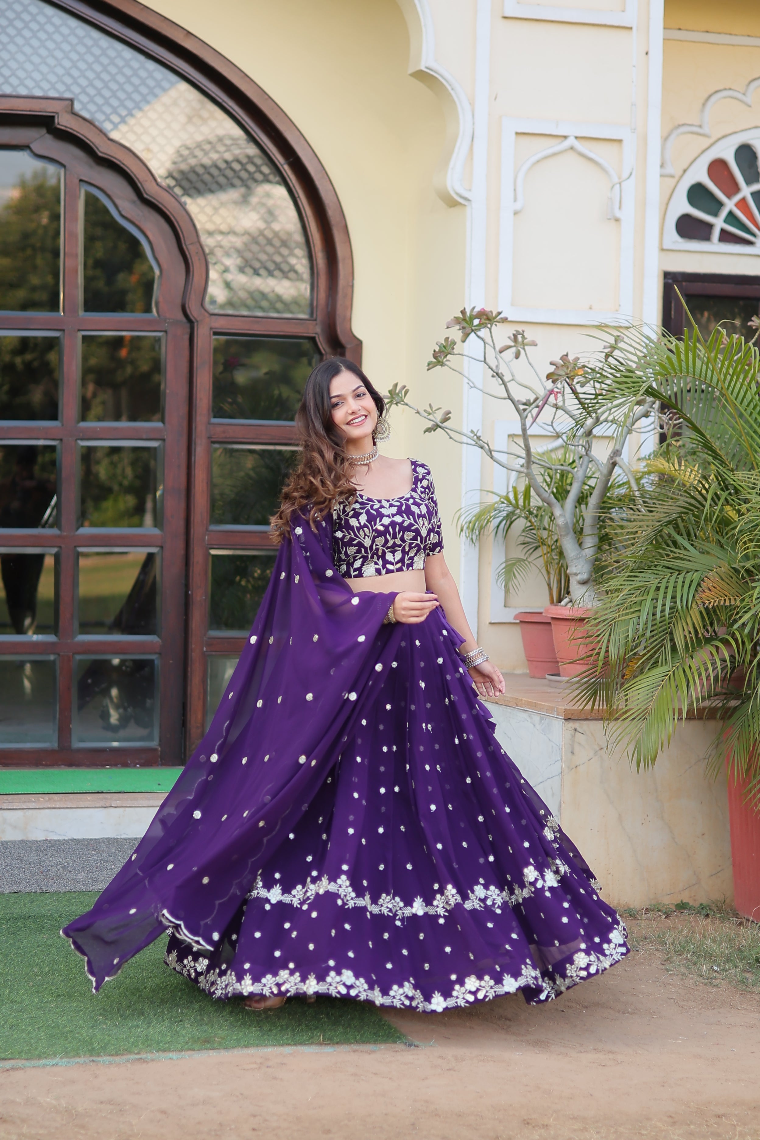 Faux Blooming Georgette with Sequins Embroidered Work Lehenga Set
