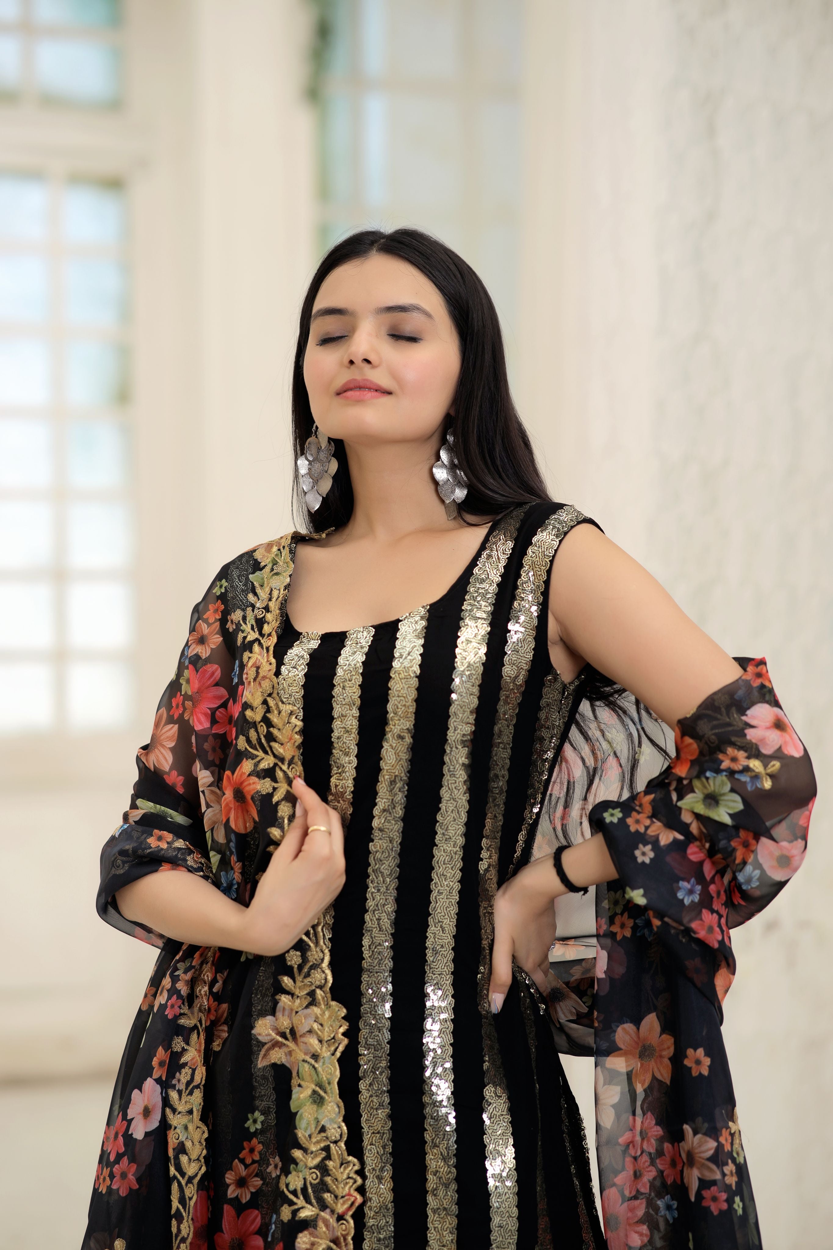 Faux Blooming With Line Sequins Embroidered work Kurti Sharara Set