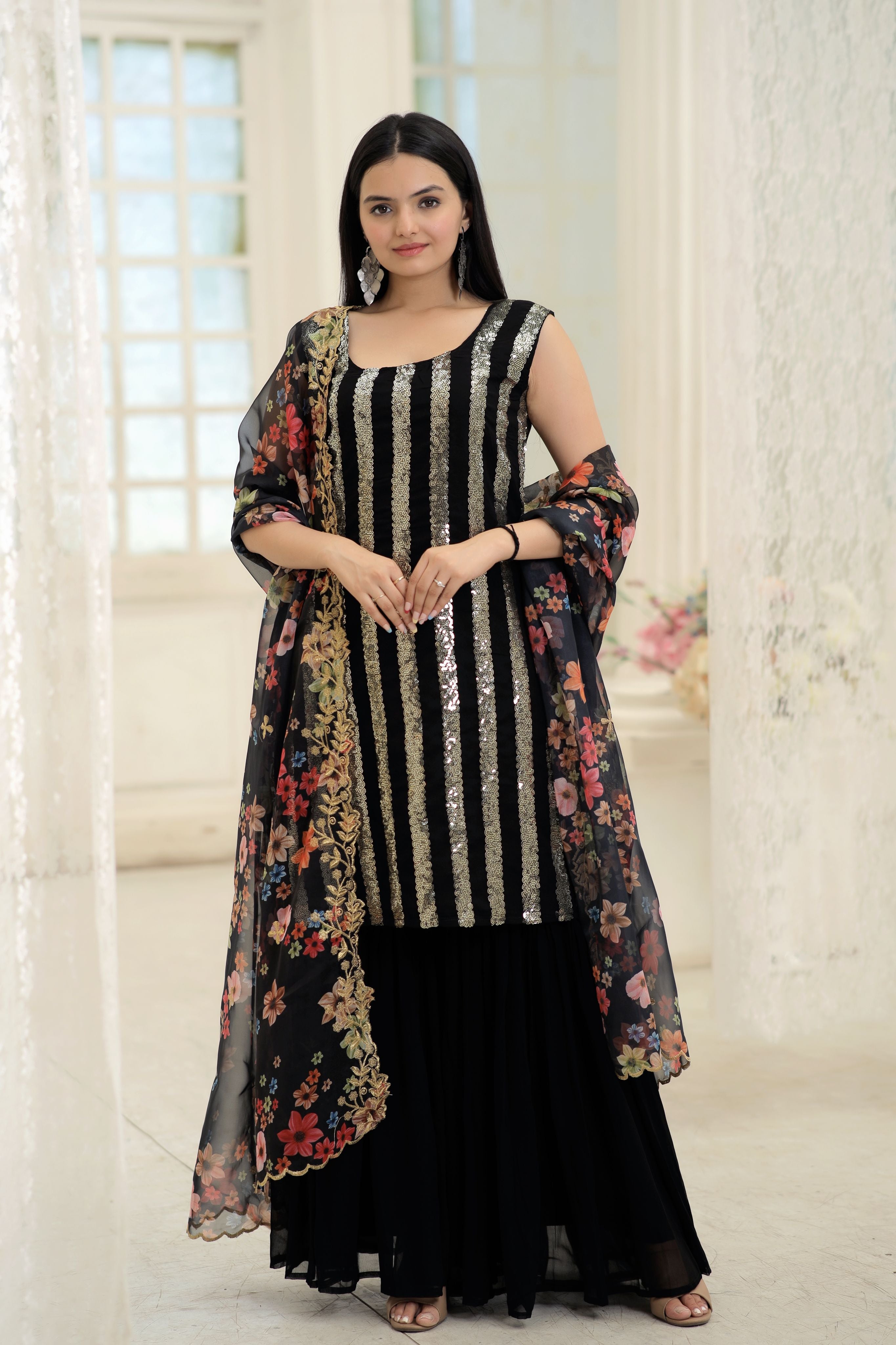 Faux Blooming With Line Sequins Embroidered work Kurti Sharara Set