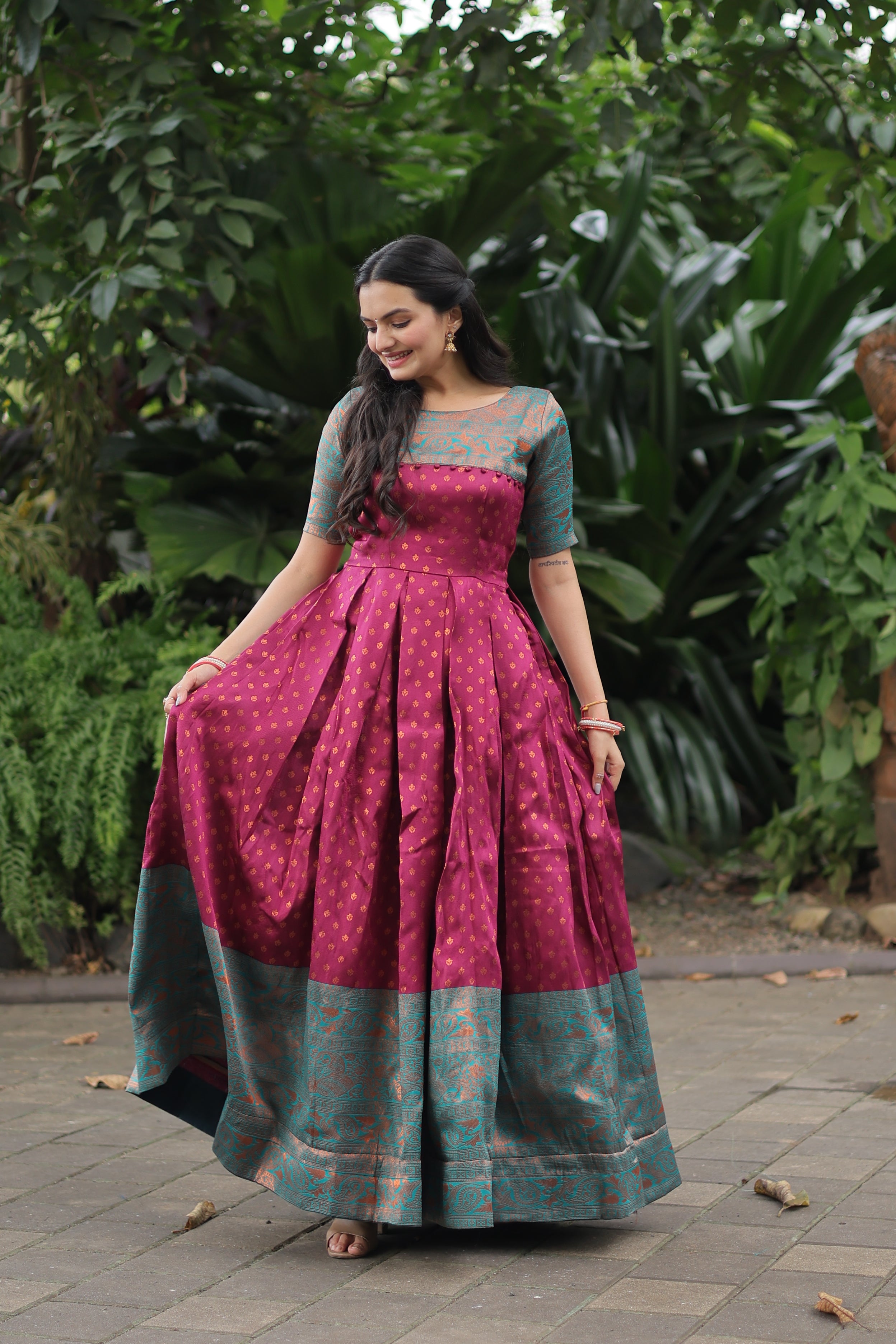 Banarasi Jacquard Silk with Texture Designer Weaving Design Gown