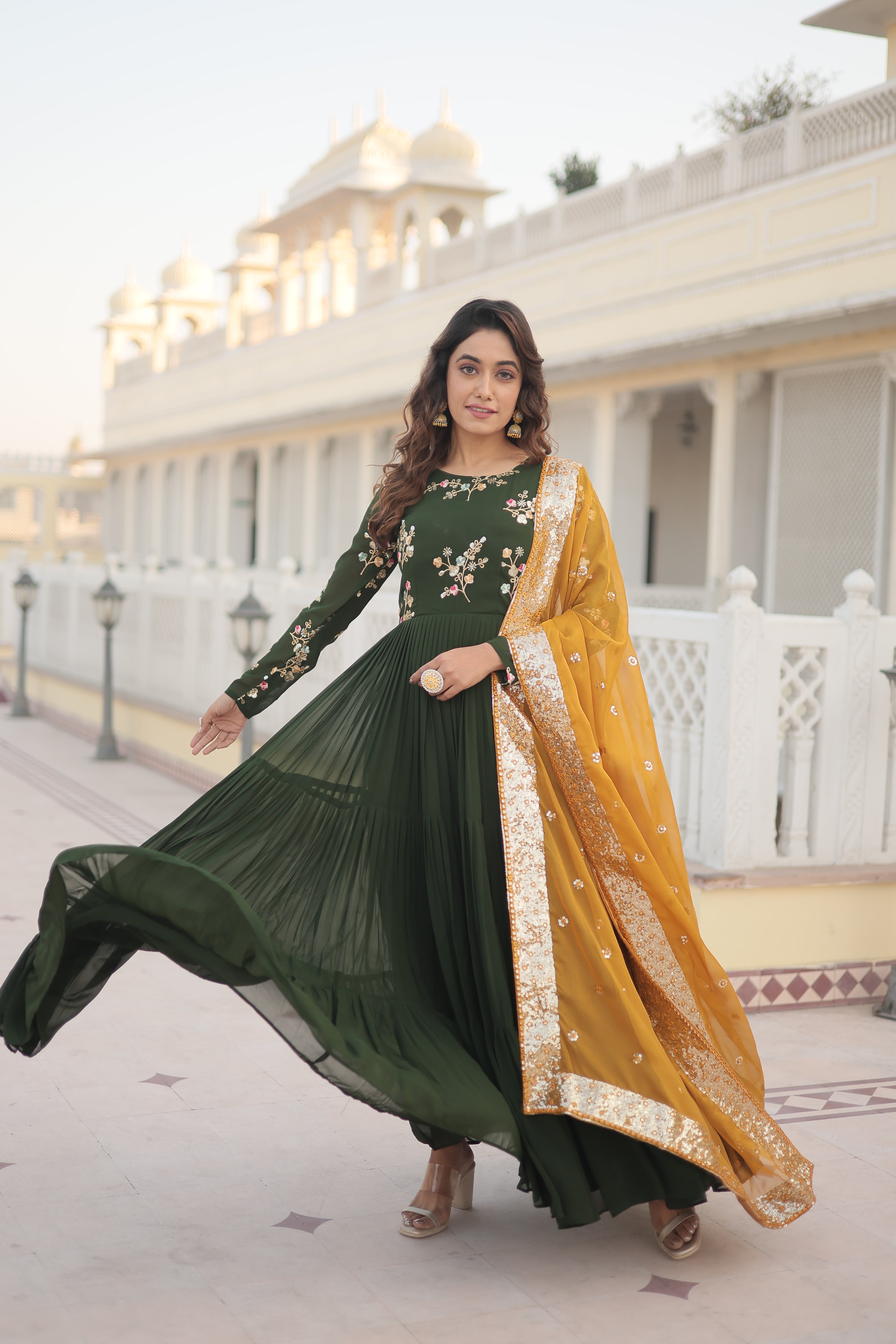 Faux Georgette with Embroidered and Multi-Sequins work Gown with Dupatta