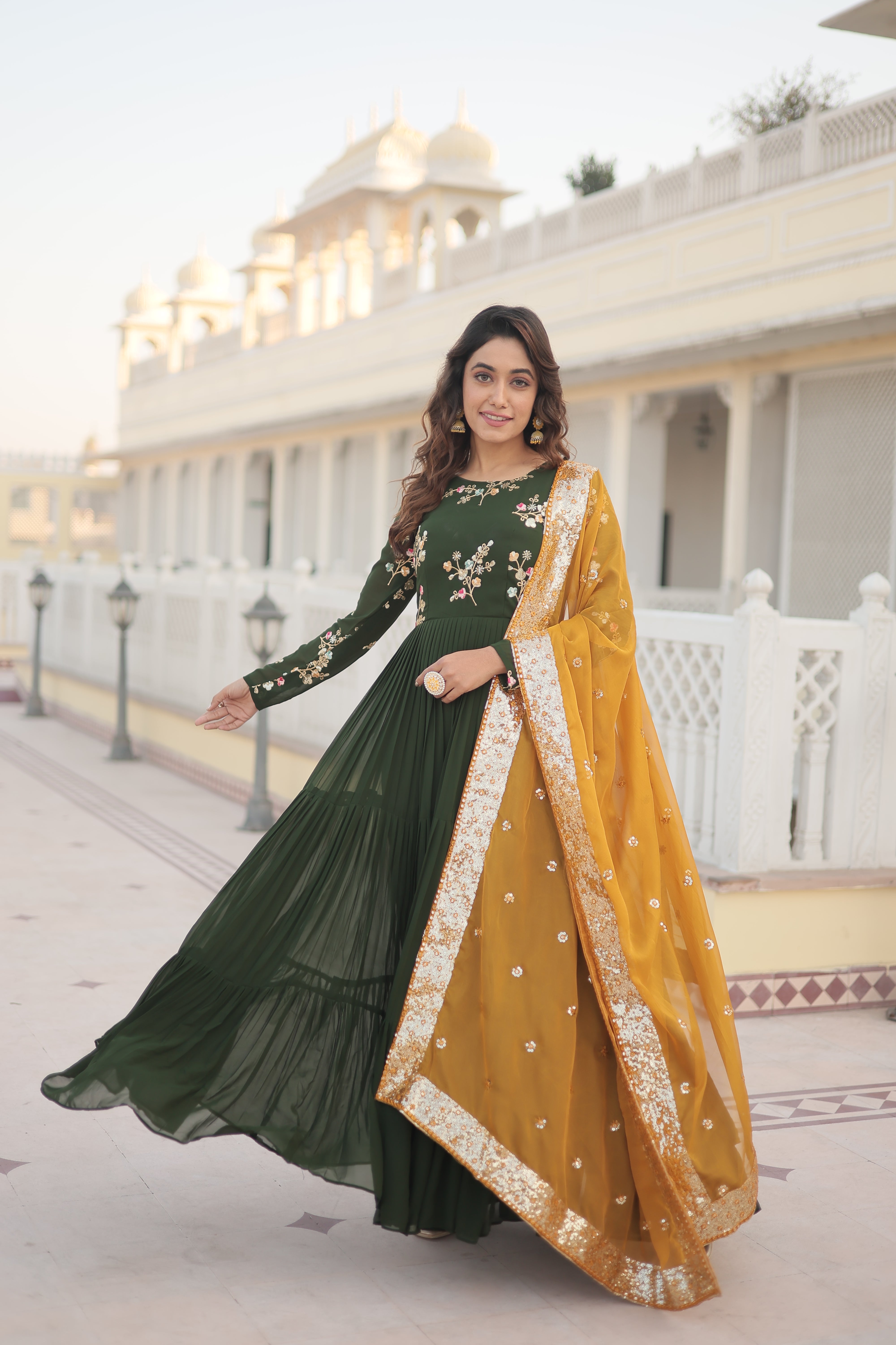 Faux Georgette with Embroidered and Multi-Sequins work Gown with Dupatta