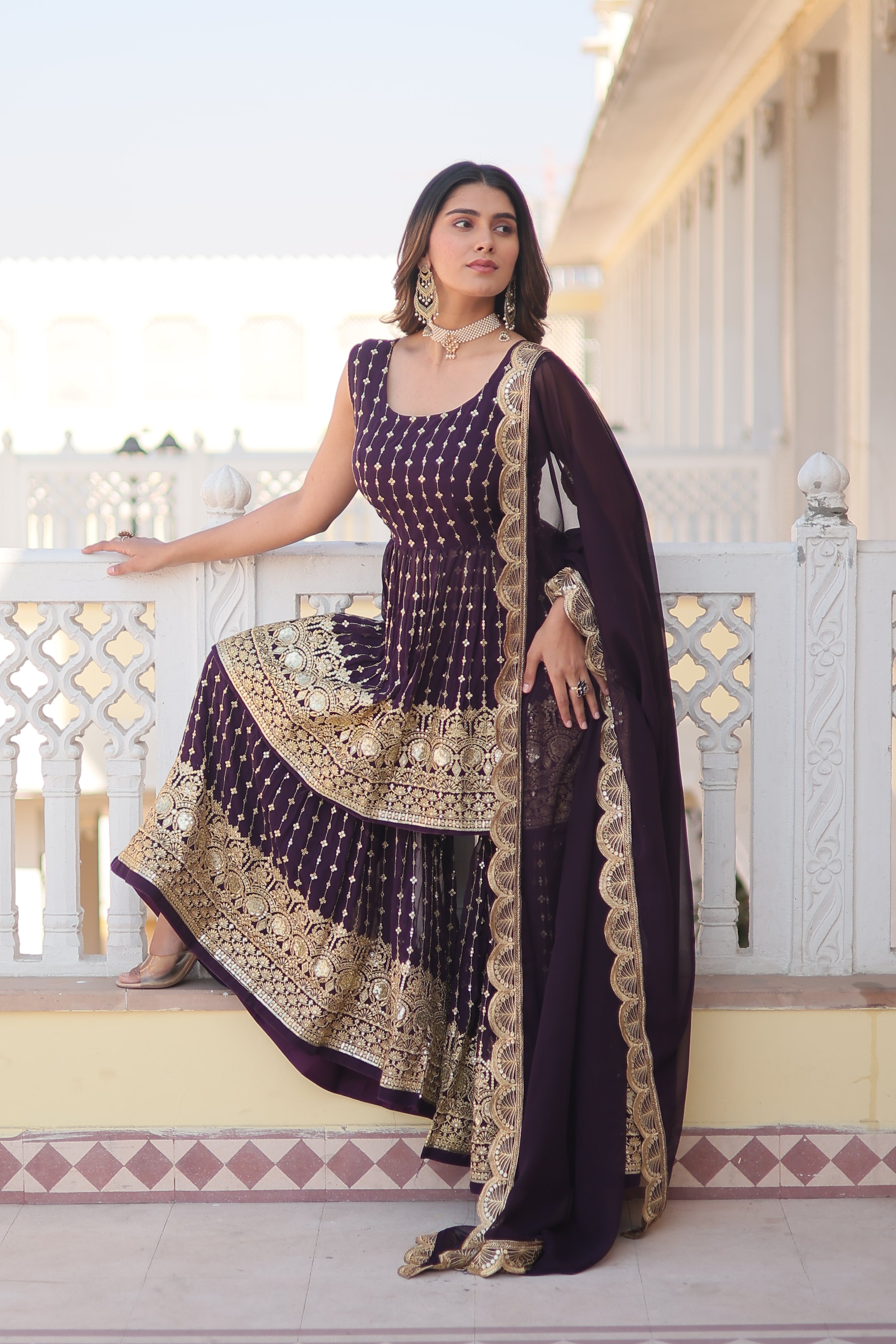 Faux Georgette with Sequins & Thread Embroidered Work Suit Set