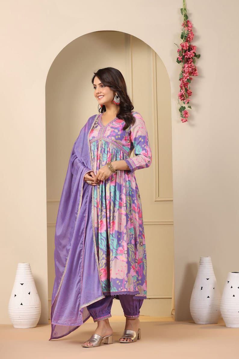 Muslin Alia Cut Suit with Digital Print and Embroidery Work