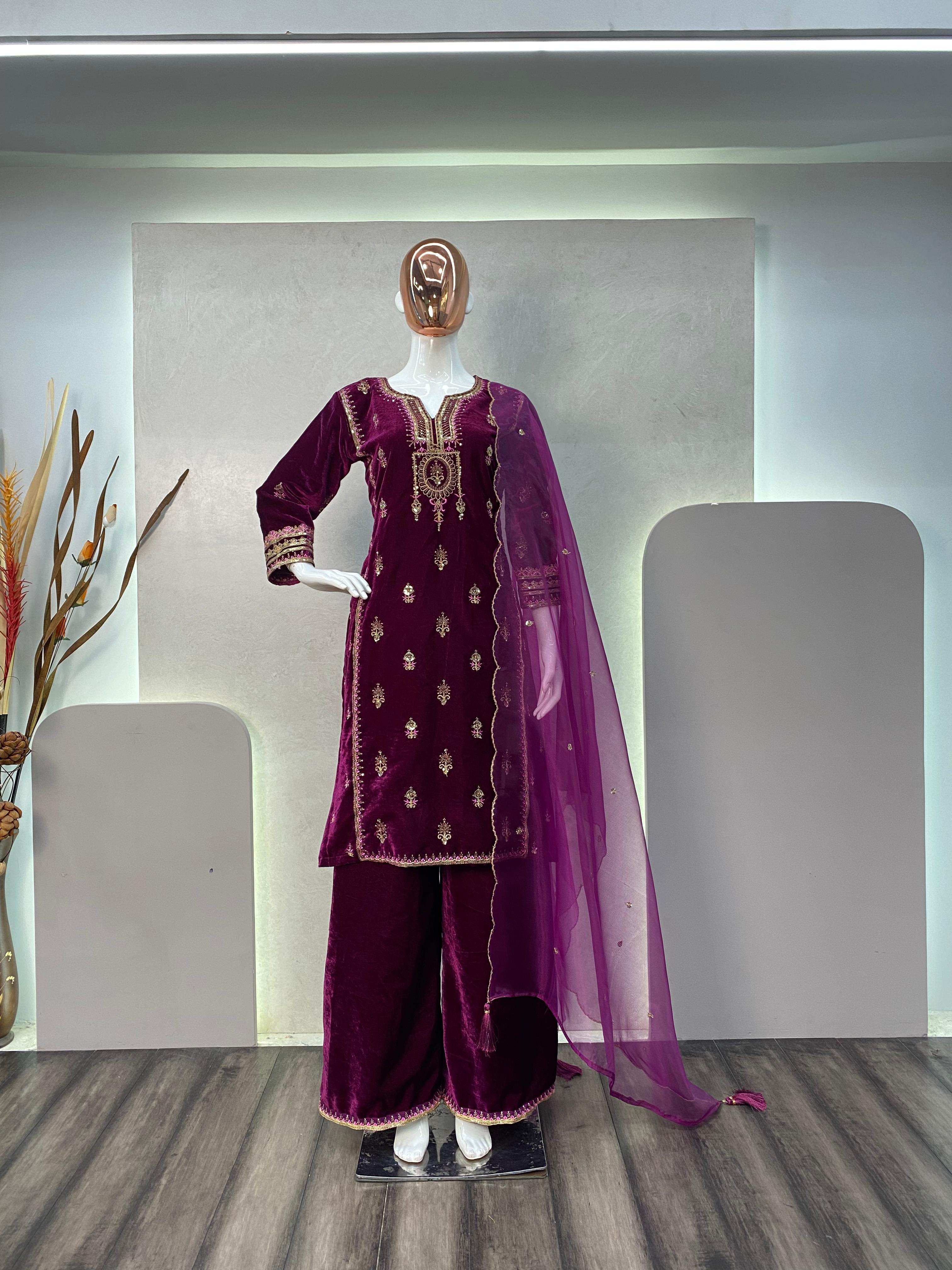 Viscose Velvet Cording Sequence Embroidery Work Suit with Dupatta