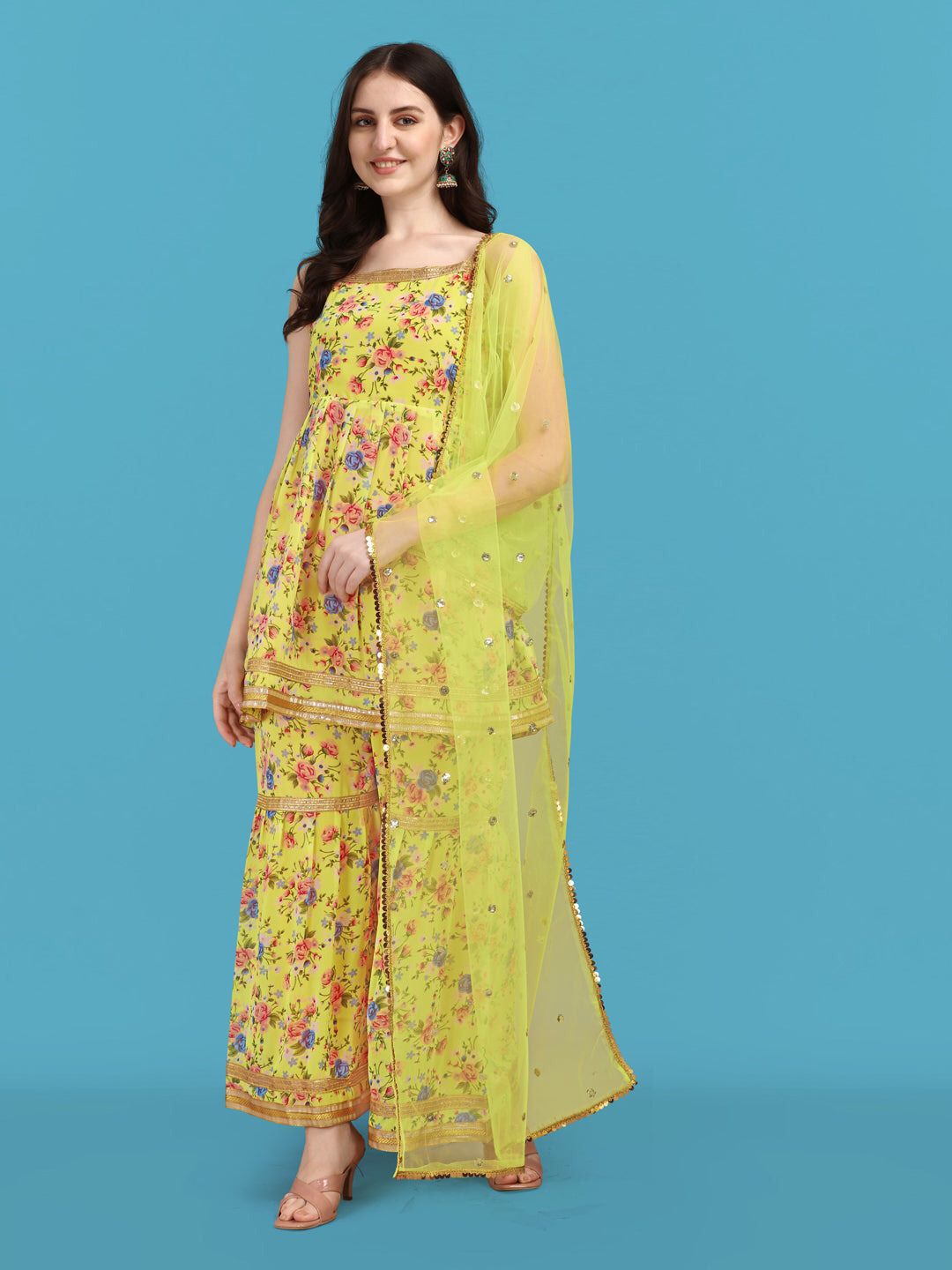 Georgette Printed Kurti with Sarara Paired-Up with Beautiful Dupatta