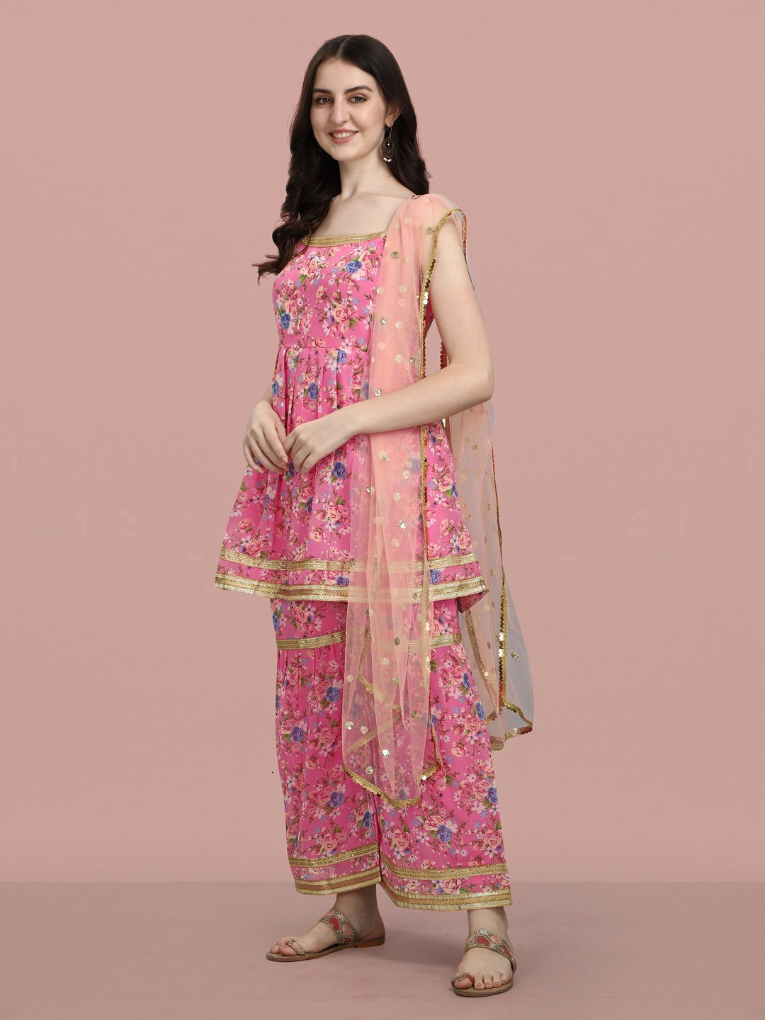 Georgette Printed Kurti with Sarara Paired-Up with Beautiful Dupatta