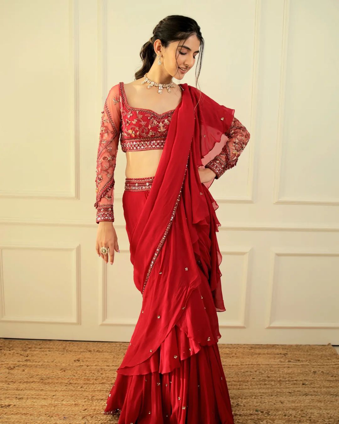 Faux Georgette with Sequins Embroidery and Moti Work Lehenga Saree