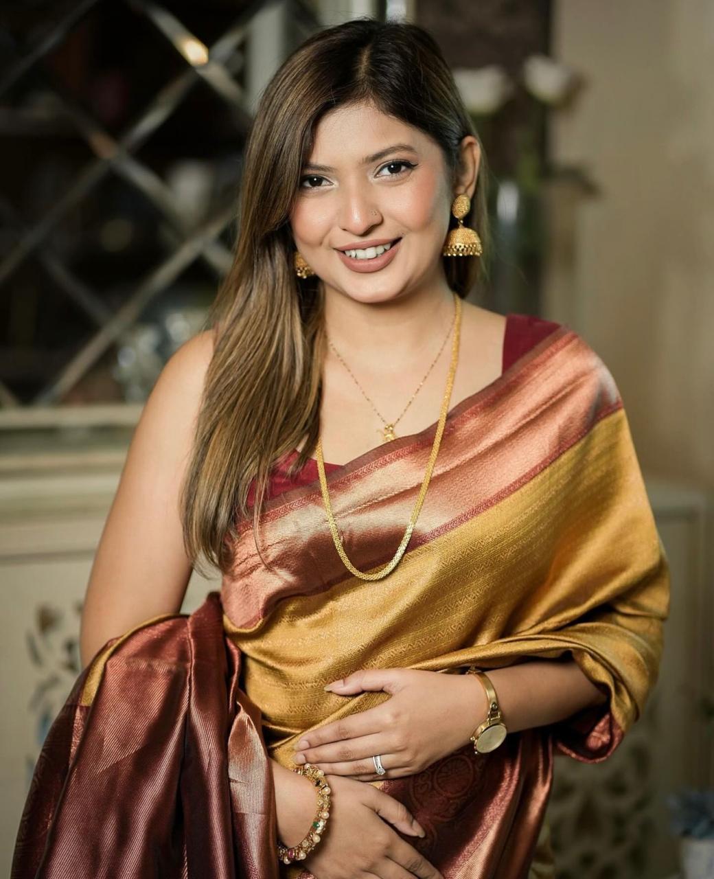 Banarasi Soft Silk Saree In Dark Yellow Shade with Copper Zari Weaving Work