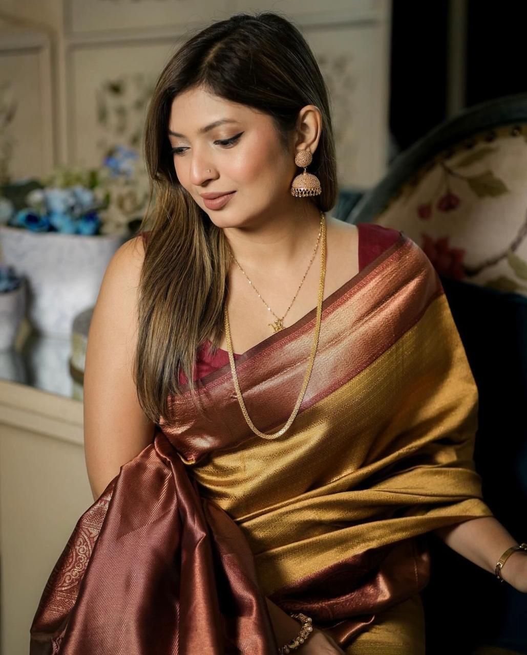 Banarasi Soft Silk Saree In Dark Yellow Shade with Copper Zari Weaving Work