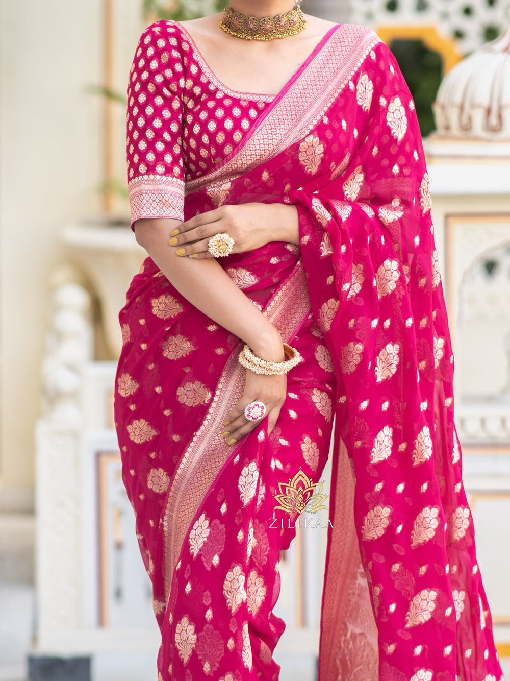Banarasi Soft Silk Saree with All Over Work Jacquard Blouse