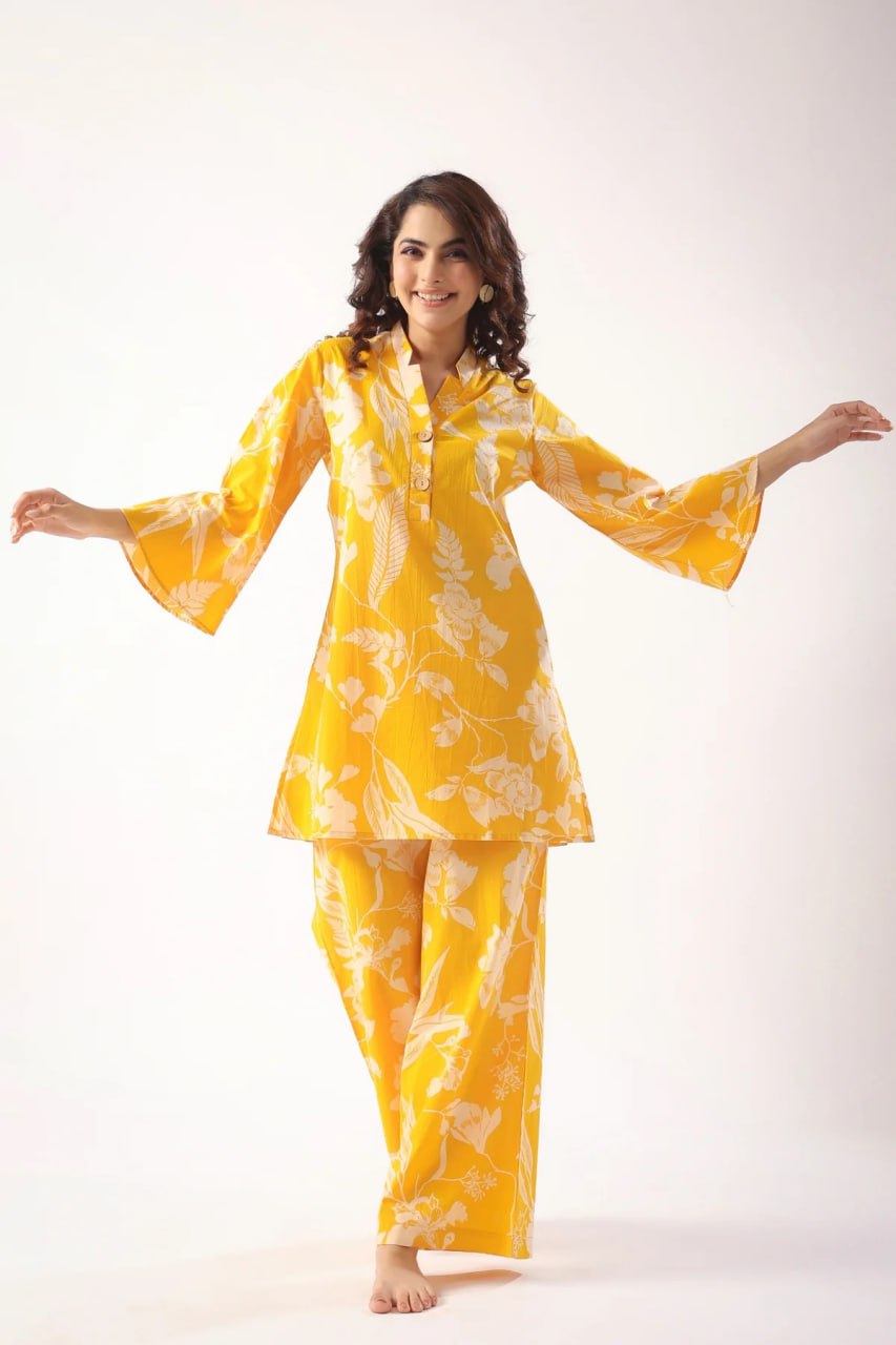Pure Muslin Comfortable Printed Co-Ord Set with Bell Sleeve