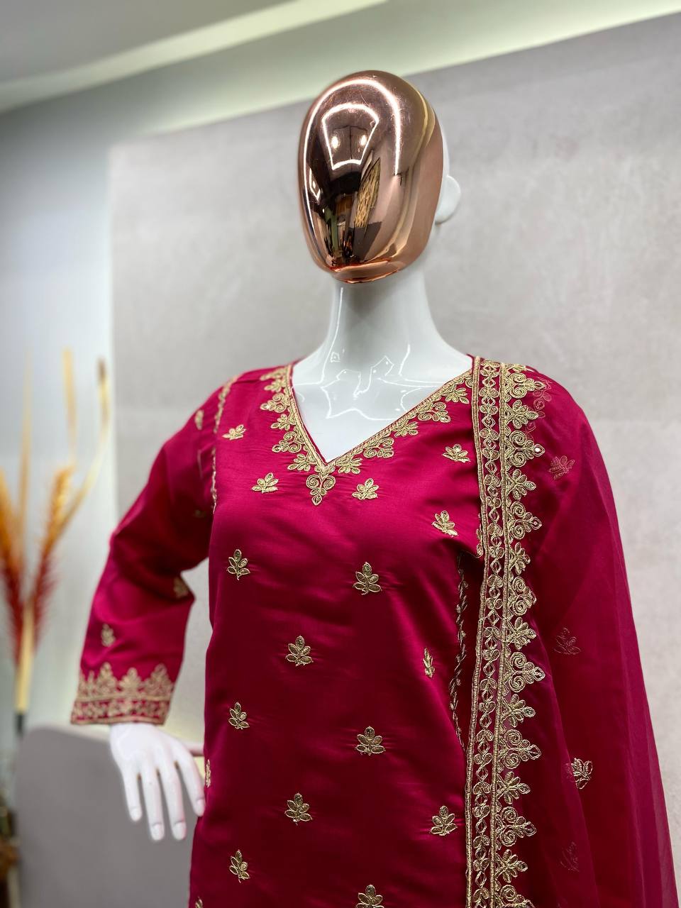 Roman Silk With Cording Sequance Embroidery Work Suit With Plazzo And Dupatta