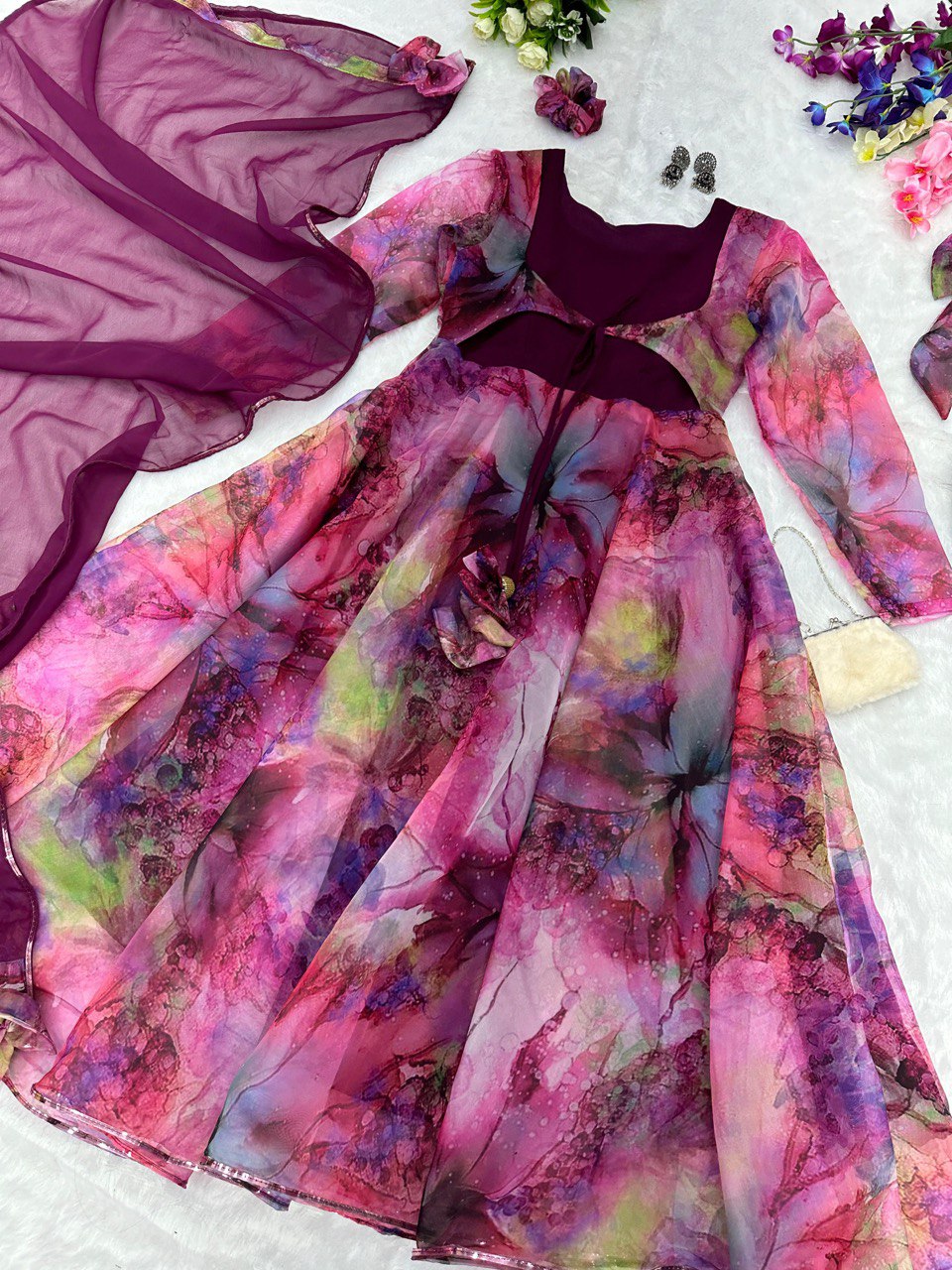 Organza Silk with Georgette Matka Pattern Anarkali Suit Set